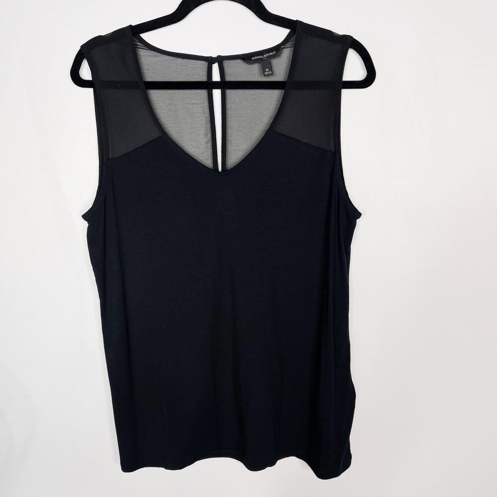 Banana Republic Womens Medium M Black Sheer Yoke Pieced Tank Top VNeck Keyhole